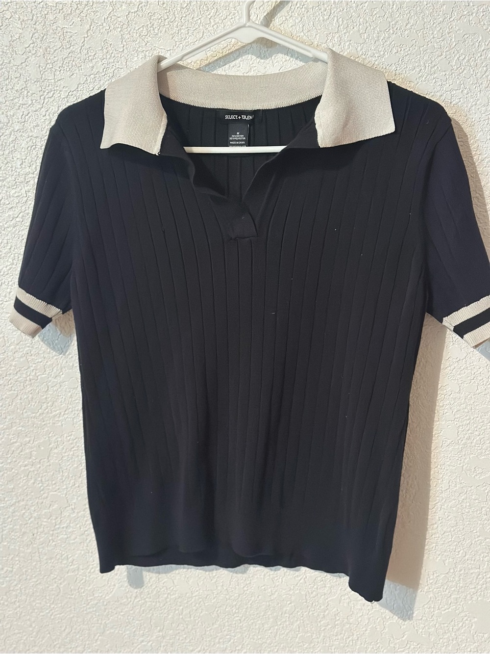 Women’s Black Polo Collar Knit Top with White Trim